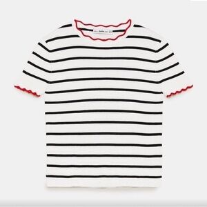 Zara Women’s Black and White Striped Knit Tee with Red Trim
